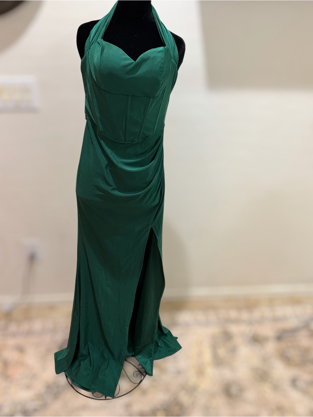 AOSHABABI Emerald Green Halter Corset Maxi Dress Lace Up Back Slit Formal Size S